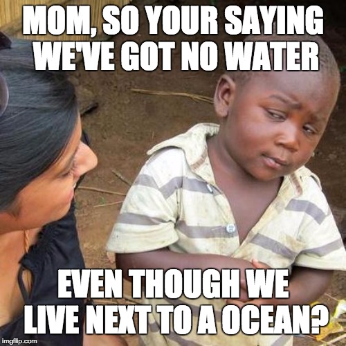 Third World Skeptical Kid | MOM, SO YOUR SAYING WE'VE GOT NO WATER; EVEN THOUGH WE LIVE NEXT TO A OCEAN? | image tagged in memes,third world skeptical kid | made w/ Imgflip meme maker
