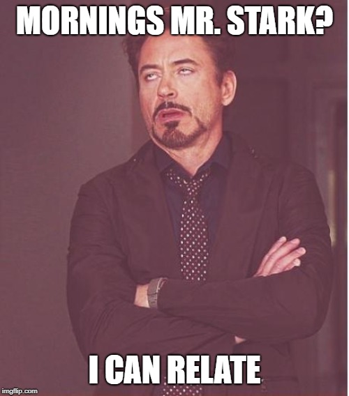 Face You Make Robert Downey Jr Meme | MORNINGS MR. STARK? I CAN RELATE | image tagged in memes,face you make robert downey jr | made w/ Imgflip meme maker