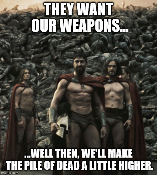 Spartan 300 wall | THEY WANT OUR WEAPONS... ...WELL THEN, WE'LL MAKE THE PILE OF DEAD A LITTLE HIGHER. | image tagged in spartan 300 wall | made w/ Imgflip meme maker