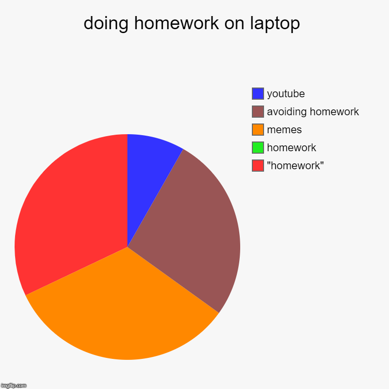 doing homework on laptop | "homework", homework, memes, avoiding homework, youtube | image tagged in charts,pie charts | made w/ Imgflip chart maker