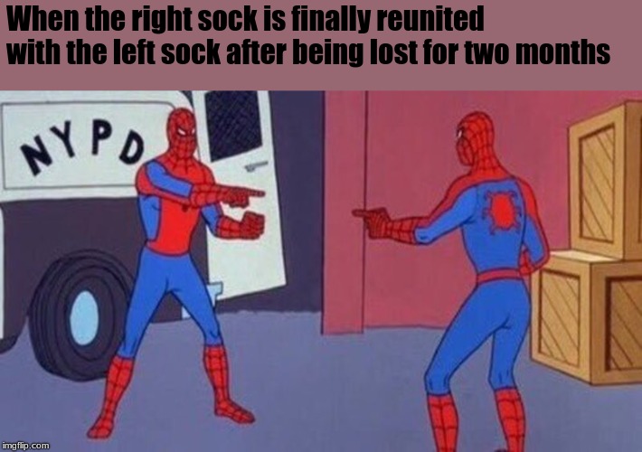 When the right sock is finally reunited with the left sock after being lost for two months | image tagged in memes,spider man | made w/ Imgflip meme maker