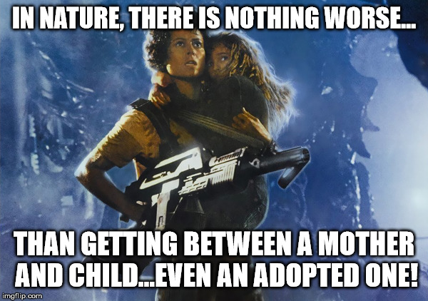 Aliens Ripley Newt Flamethrower | IN NATURE, THERE IS NOTHING WORSE... THAN GETTING BETWEEN A MOTHER AND CHILD...EVEN AN ADOPTED ONE! | image tagged in aliens ripley newt flamethrower | made w/ Imgflip meme maker