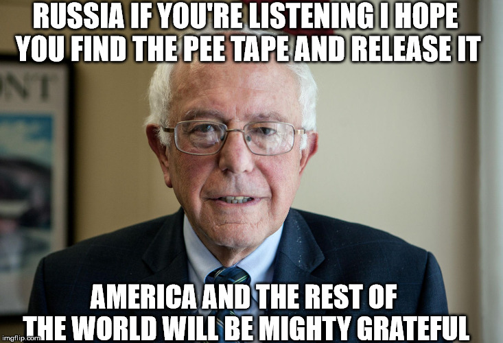 RUSSIA IF YOU'RE LISTENING I HOPE YOU FIND THE PEE TAPE AND RELEASE IT; AMERICA AND THE REST OF THE WORLD WILL BE MIGHTY GRATEFUL | image tagged in trump,bernie sanders,pee tape | made w/ Imgflip meme maker