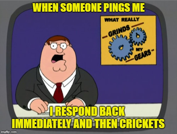 Peter Griffin News Meme | WHEN SOMEONE PINGS ME; I RESPOND BACK IMMEDIATELY AND THEN CRICKETS | image tagged in memes,peter griffin news | made w/ Imgflip meme maker