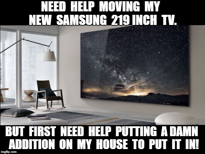 Big Ass TV | NEED  HELP  MOVING  MY  NEW  SAMSUNG  219 INCH  TV. BUT  FIRST  NEED  HELP  PUTTING  A DAMN  ADDITION  ON  MY  HOUSE  TO  PUT  IT  IN! | image tagged in help,meme | made w/ Imgflip meme maker
