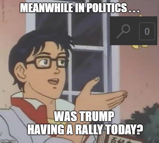 Is This A Pigeon | MEANWHILE IN POLITICS . . . WAS TRUMP HAVING A RALLY TODAY? | image tagged in memes,is this a pigeon,trump,donald trump,shaken not stirred | made w/ Imgflip meme maker