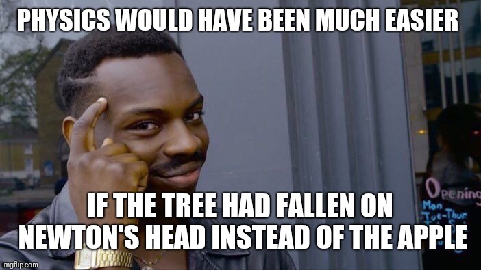 Roll Safe Think About It | PHYSICS WOULD HAVE BEEN MUCH EASIER; IF THE TREE HAD FALLEN ON NEWTON'S HEAD INSTEAD OF THE APPLE | image tagged in memes,roll safe think about it | made w/ Imgflip meme maker