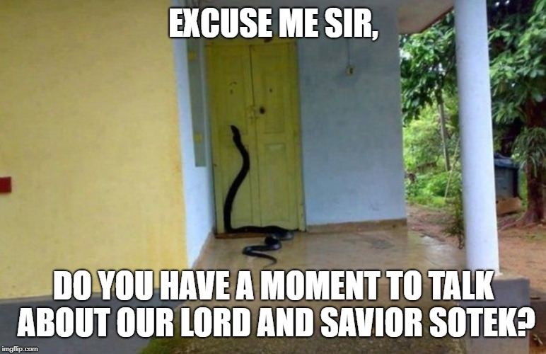 Snake Door | EXCUSE ME SIR, DO YOU HAVE A MOMENT TO TALK ABOUT OUR LORD AND SAVIOR SOTEK? | image tagged in snake door | made w/ Imgflip meme maker