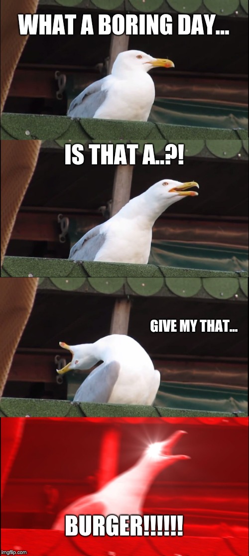 Inhaling Seagull Meme | WHAT A BORING DAY... IS THAT A..?! GIVE MY THAT... BURGER!!!!!! | image tagged in memes,inhaling seagull | made w/ Imgflip meme maker