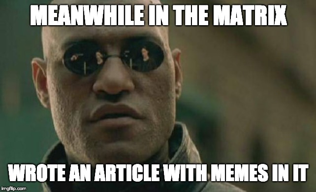 Matrix Morpheus Meme | MEANWHILE IN THE MATRIX; WROTE AN ARTICLE WITH MEMES IN IT | image tagged in memes,matrix morpheus | made w/ Imgflip meme maker