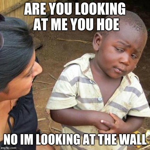 Third World Skeptical Kid | ARE YOU LOOKING AT ME YOU HOE; NO IM LOOKING AT THE WALL | image tagged in memes,third world skeptical kid | made w/ Imgflip meme maker