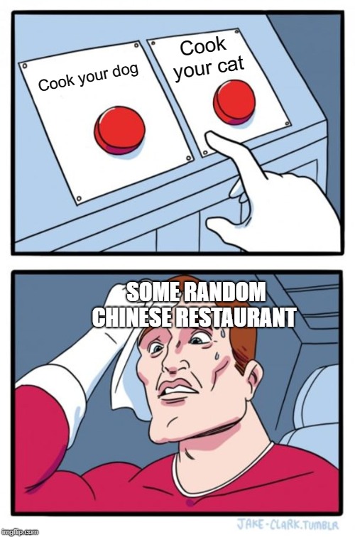 When they need meat
 | Cook your cat; Cook your dog; SOME RANDOM CHINESE RESTAURANT | image tagged in memes,two buttons,china,dog,cat | made w/ Imgflip meme maker