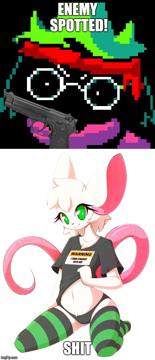 Ralsei with a gun | ENEMY SPOTTED! SHIT | image tagged in ralseiwithagun,akaenemyspottedralsei | made w/ Imgflip meme maker