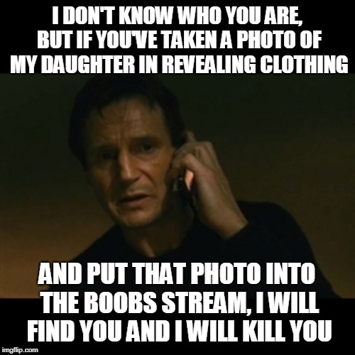 Just Don't Mess With His Family | I DON'T KNOW WHO YOU ARE, BUT IF YOU'VE TAKEN A PHOTO OF MY DAUGHTER IN REVEALING CLOTHING AND PUT THAT PHOTO INTO THE BOOBS STREAM, I WILL  | image tagged in memes,liam neeson taken | made w/ Imgflip meme maker