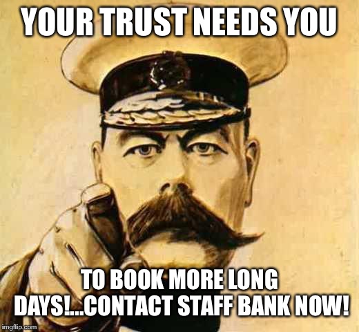 Your Country Needs YOU | YOUR TRUST NEEDS YOU; TO BOOK MORE LONG DAYS!...CONTACT STAFF BANK NOW! | image tagged in your country needs you | made w/ Imgflip meme maker