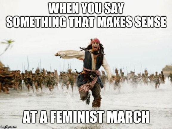 Jack Sparrow Being Chased | WHEN YOU SAY SOMETHING THAT MAKES SENSE; AT A FEMINIST MARCH | image tagged in memes,jack sparrow being chased | made w/ Imgflip meme maker