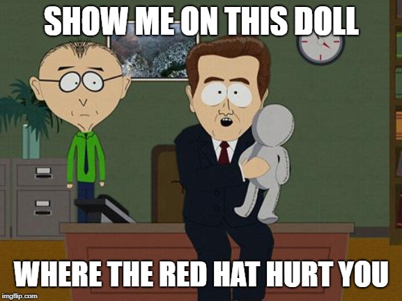 Show me on this doll | SHOW ME ON THIS DOLL; WHERE THE RED HAT HURT YOU | image tagged in show me on this doll | made w/ Imgflip meme maker