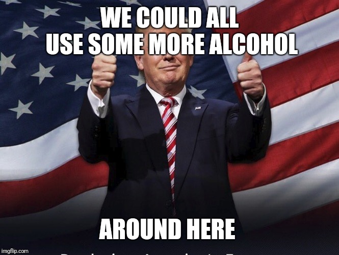 Donald Trump Thumbs Up | WE COULD ALL USE SOME MORE ALCOHOL AROUND HERE | image tagged in donald trump thumbs up | made w/ Imgflip meme maker