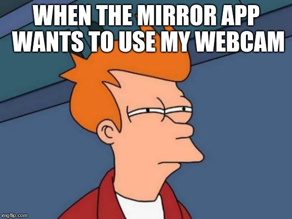 Futurama Fry Meme | WHEN THE MIRROR APP WANTS TO USE MY WEBCAM | image tagged in memes,futurama fry | made w/ Imgflip meme maker
