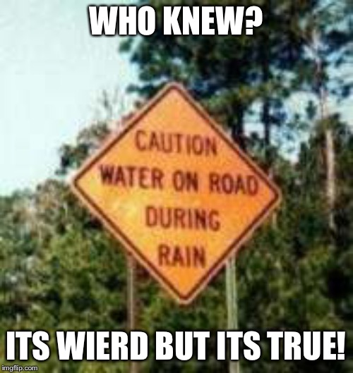 Water on road | WHO KNEW? ITS WIERD BUT ITS TRUE! | image tagged in signs,facepalm,crappy design | made w/ Imgflip meme maker