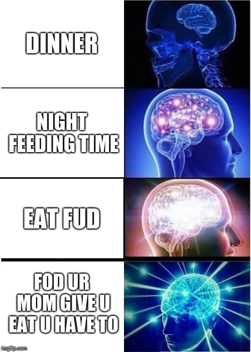 Expanding Brain | DINNER; NIGHT FEEDING TIME; EAT FUD; FOD UR MOM GIVE U EAT U HAVE TO | image tagged in memes,expanding brain | made w/ Imgflip meme maker