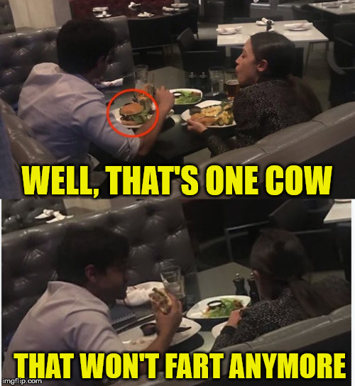Cow Farts, It's What's for Dinner | WELL, THAT'S ONE COW; THAT WON'T FART ANYMORE | image tagged in cow farts,memes,alexandria ocasio-cortez,hamburger,it's what's for dinner | made w/ Imgflip meme maker