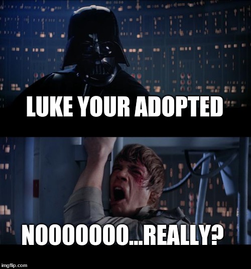 Star Wars No Meme |  LUKE YOUR ADOPTED; N0000000...REALLY? | image tagged in memes,star wars no | made w/ Imgflip meme maker