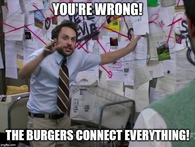 Charlie Conspiracy (Always Sunny in Philidelphia) | YOU'RE WRONG! THE BURGERS CONNECT EVERYTHING! | image tagged in charlie conspiracy always sunny in philidelphia | made w/ Imgflip meme maker