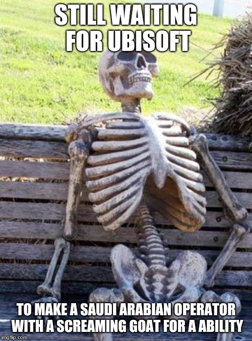 Waiting Skeleton Meme | STILL WAITING FOR UBISOFT; TO MAKE A SAUDI ARABIAN OPERATOR WITH A SCREAMING GOAT FOR A ABILITY | image tagged in memes,waiting skeleton | made w/ Imgflip meme maker