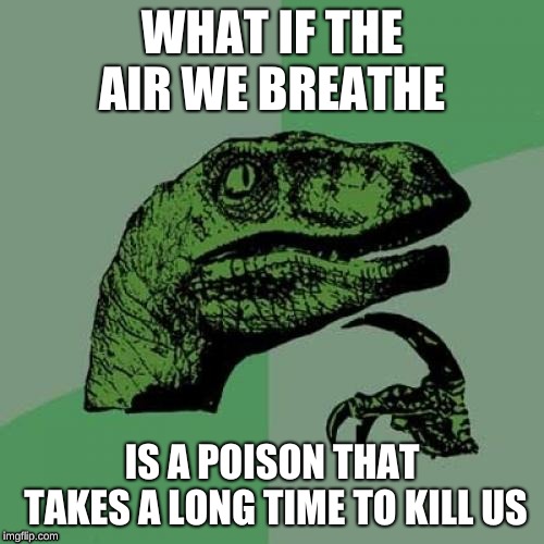 Philosoraptor | WHAT IF THE AIR WE BREATHE; IS A POISON THAT TAKES A LONG TIME TO KILL US | image tagged in memes,philosoraptor,lizard,batman,bad luck brian,your mom | made w/ Imgflip meme maker