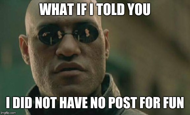 WHAT IF I TOLD YOU I DID NOT HAVE NO POST FOR FUN | image tagged in memes,matrix morpheus | made w/ Imgflip meme maker