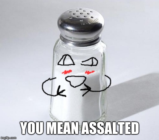 salt shaker | YOU MEAN ASSALTED | image tagged in salt shaker | made w/ Imgflip meme maker
