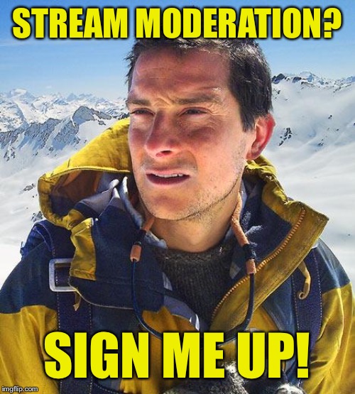 Bear Grylls Meme | STREAM MODERATION? SIGN ME UP! | image tagged in memes,bear grylls | made w/ Imgflip meme maker