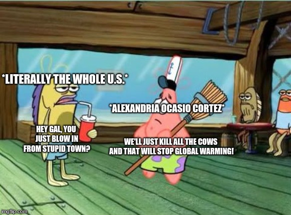 Hey pal. | *LITERALLY THE WHOLE U.S.*; *ALEXANDRIA OCASIO CORTEZ*; HEY GAL, YOU JUST BLOW IN FROM STUPID TOWN? WE'LL JUST KILL ALL THE COWS AND THAT WILL STOP GLOBAL WARMING! | image tagged in hey pal | made w/ Imgflip meme maker