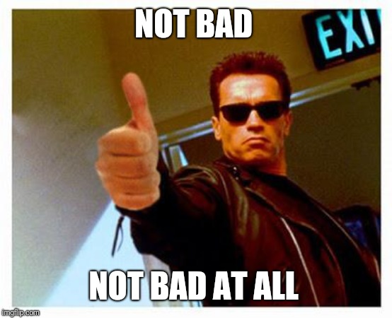 terminator thumbs up | NOT BAD NOT BAD AT ALL | image tagged in terminator thumbs up | made w/ Imgflip meme maker