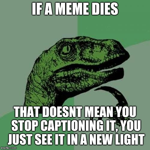 Philosoraptor | IF A MEME DIES; THAT DOESNT MEAN YOU STOP CAPTIONING IT, YOU JUST SEE IT IN A NEW LIGHT | image tagged in memes,philosoraptor | made w/ Imgflip meme maker