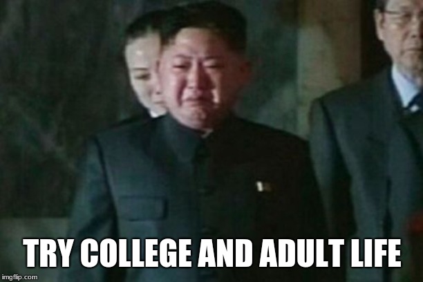 Kim Jong Un Sad Meme | TRY COLLEGE AND ADULT LIFE | image tagged in memes,kim jong un sad | made w/ Imgflip meme maker
