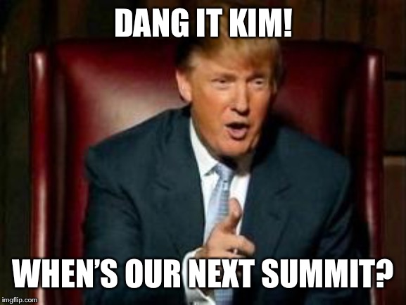 Donald Trump | DANG IT KIM! WHEN’S OUR NEXT SUMMIT? | image tagged in donald trump | made w/ Imgflip meme maker