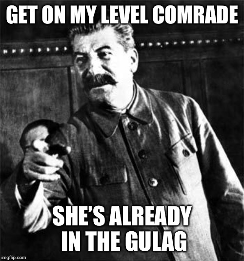 Stalin | GET ON MY LEVEL COMRADE SHE’S ALREADY IN THE GULAG | image tagged in stalin | made w/ Imgflip meme maker
