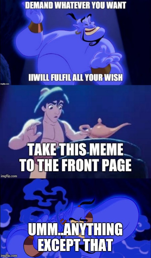 Try Genie try!  | UMM..ANYTHING EXCEPT THAT | image tagged in genie,memes,aladdin,wish | made w/ Imgflip meme maker