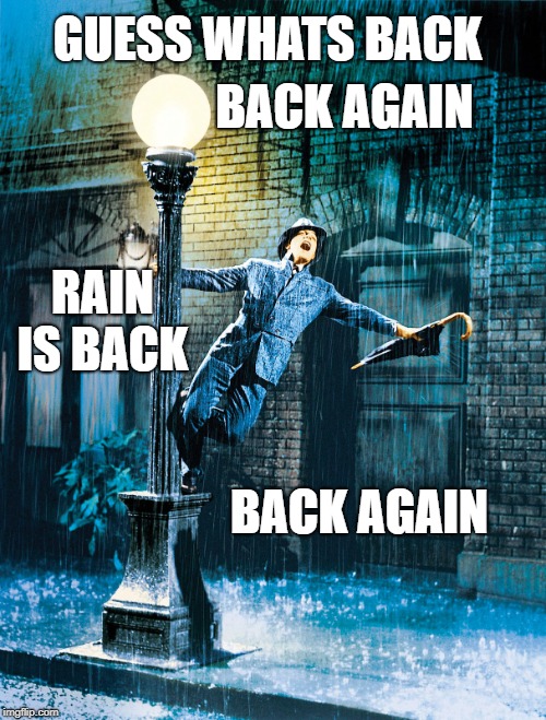 Singing In The Rain | GUESS WHATS BACK; BACK AGAIN; RAIN IS BACK; BACK AGAIN | image tagged in singing in the rain | made w/ Imgflip meme maker