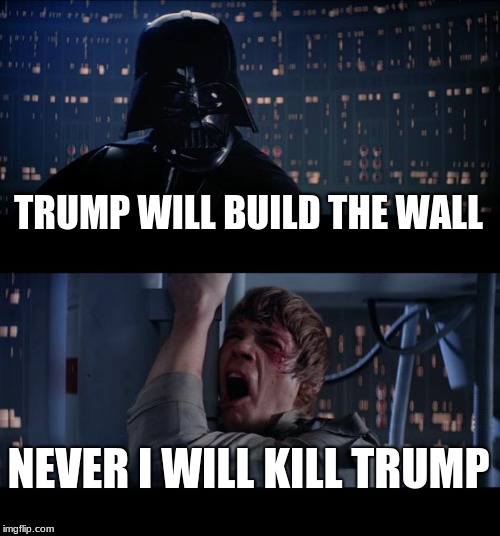 Star Wars No Meme | TRUMP WILL BUILD THE WALL; NEVER I WILL KILL TRUMP | image tagged in memes,star wars no | made w/ Imgflip meme maker