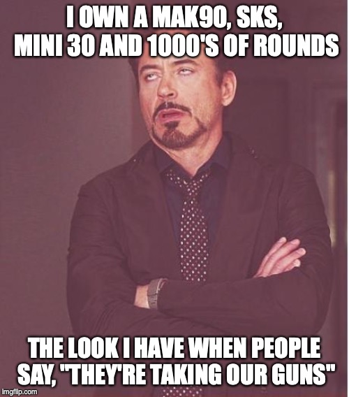 Face You Make Robert Downey Jr | I OWN A MAK90, SKS, MINI 30 AND 1000'S OF ROUNDS; THE LOOK I HAVE WHEN PEOPLE SAY, "THEY'RE TAKING OUR GUNS" | image tagged in memes,face you make robert downey jr | made w/ Imgflip meme maker