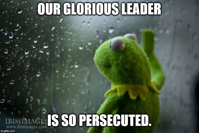 kermit window | OUR GLORIOUS LEADER IS SO PERSECUTED. | image tagged in kermit window | made w/ Imgflip meme maker