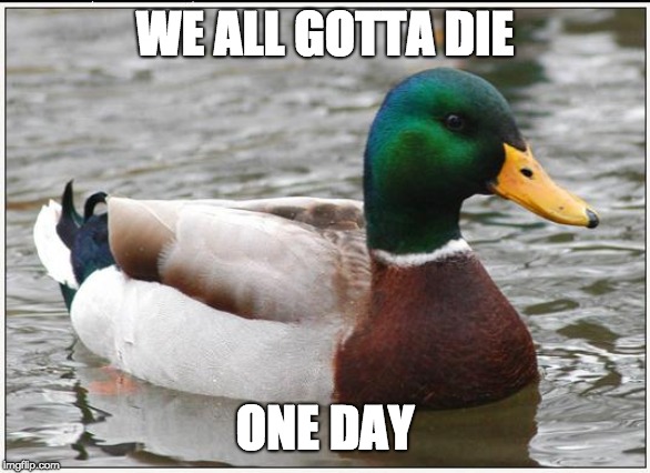 Actual Advice Mallard Meme | WE ALL GOTTA DIE ONE DAY | image tagged in memes,actual advice mallard | made w/ Imgflip meme maker