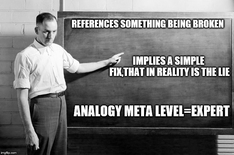Chalkboard | REFERENCES SOMETHING BEING BROKEN ANALOGY META LEVEL=EXPERT IMPLIES A SIMPLE FIX,THAT IN REALITY IS THE LIE | image tagged in chalkboard | made w/ Imgflip meme maker