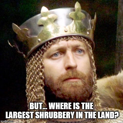 King Arthur | BUT... WHERE IS THE LARGEST SHRUBBERY IN THE LAND? | image tagged in king arthur | made w/ Imgflip meme maker