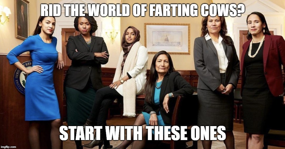RID THE WORLD OF FARTING COWS? START WITH THESE ONES | image tagged in green new deal,aoc,democrats | made w/ Imgflip meme maker