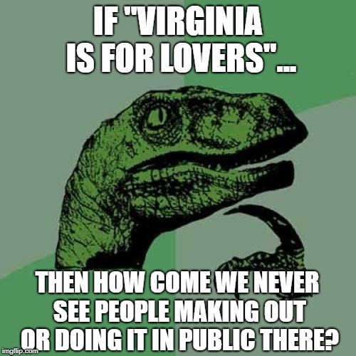 Virginia is for LOVERS? | IF "VIRGINIA IS FOR LOVERS"... THEN HOW COME WE NEVER SEE PEOPLE MAKING OUT OR DOING IT IN PUBLIC THERE? | image tagged in memes,philosoraptor | made w/ Imgflip meme maker