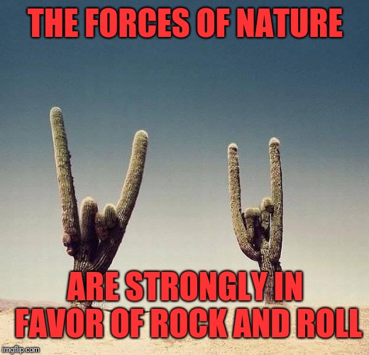 Rock and roll cacti  |  THE FORCES OF NATURE; ARE STRONGLY IN FAVOR OF ROCK AND ROLL | image tagged in cactus love,rock and roll,memes,metal_memes,heavy metal,the sound of music happiness | made w/ Imgflip meme maker